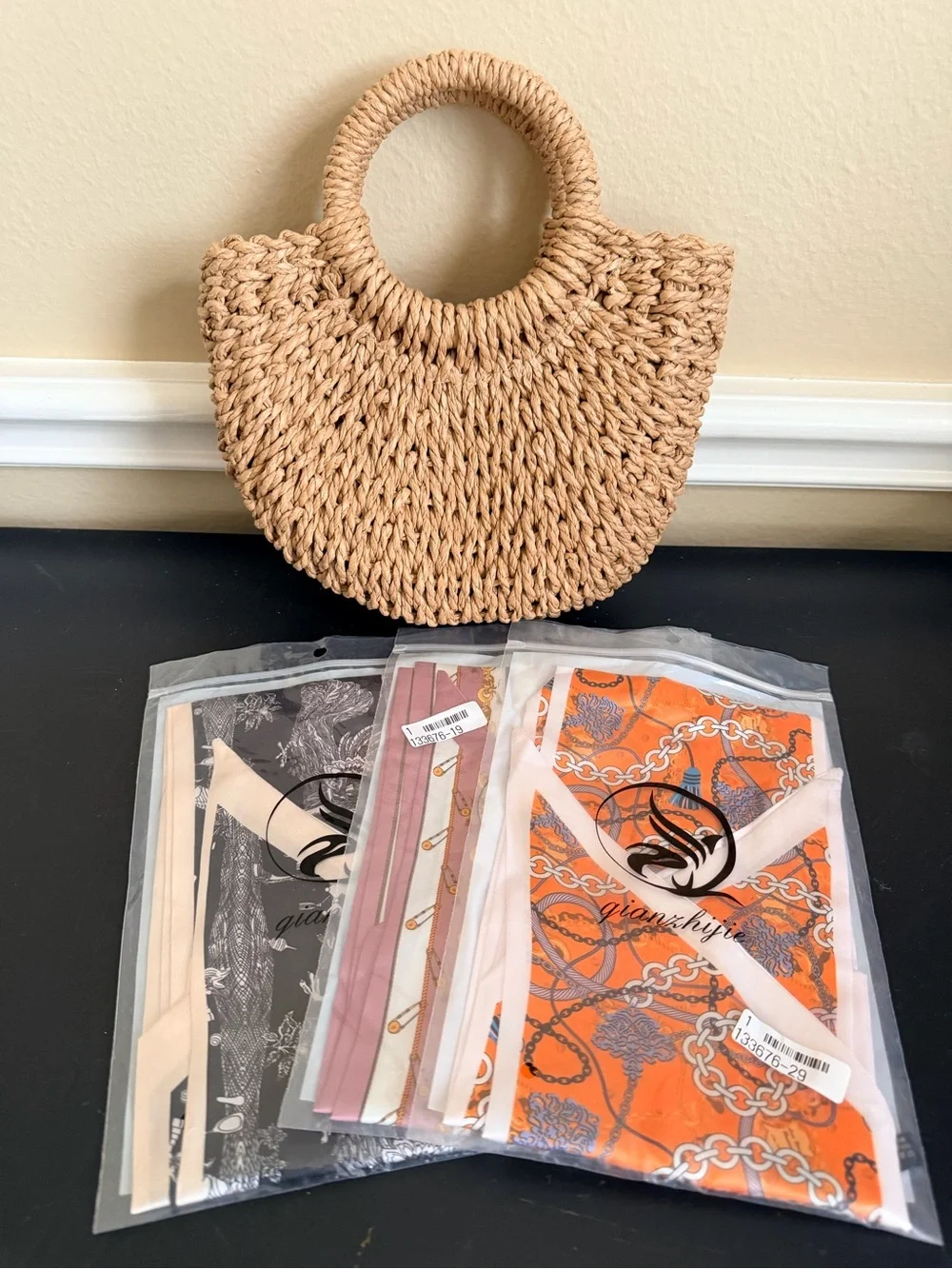 Woven Straw Handbag with 3 interchangeable scarfs